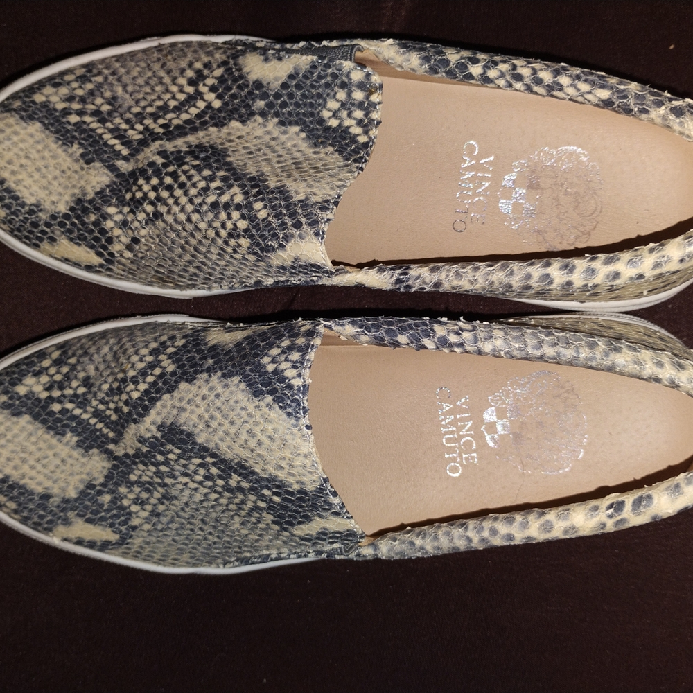 Vince Camuto Black and Cream Loafers with Snake Print